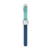 A wristwatch with a two-tone strap, featuring a mint green top section and a navy blue bottom section, with a transparent case and white dial, centered on a plain white background.