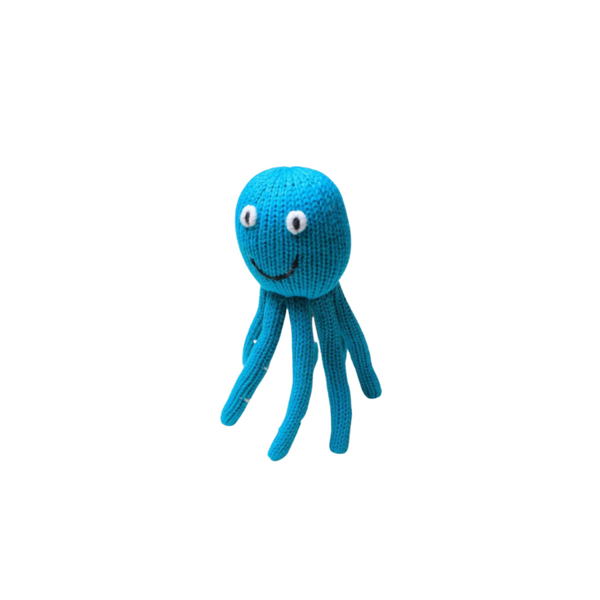 Blue knitted octopus toy on a white background