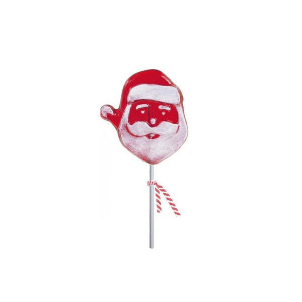 Red and white Santa Claus lollipop on a stick against a white background