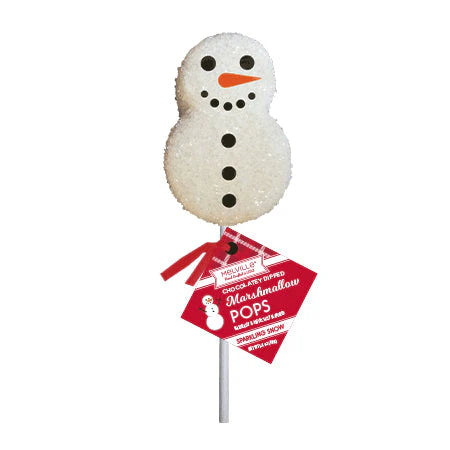 Snowman-shaped marshmallow pop with a red label on a white background