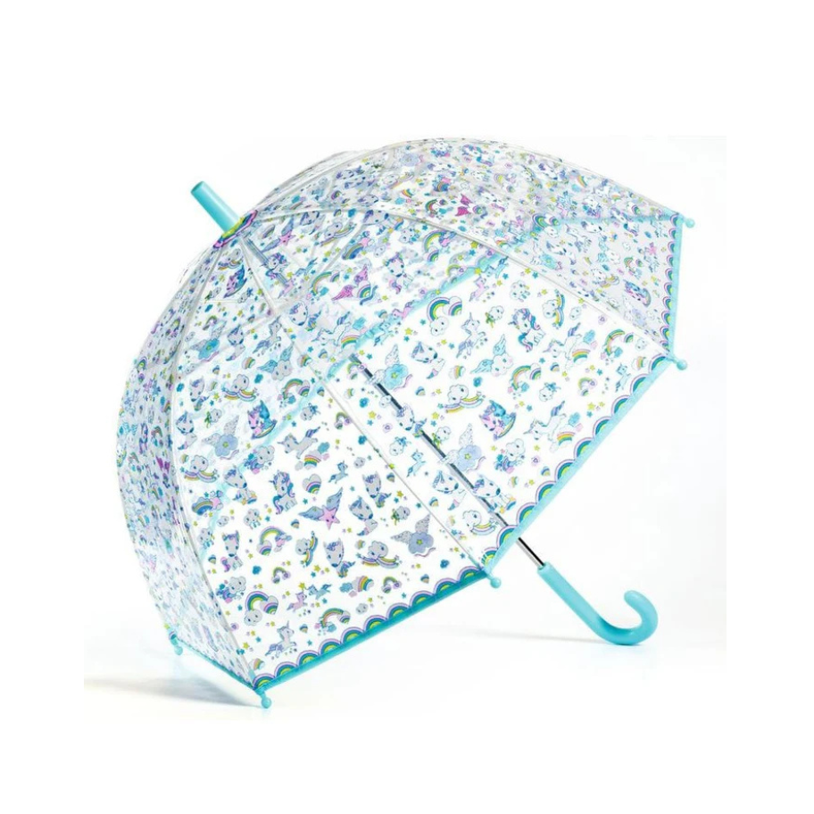 Transparent children's umbrella with blue handle and floral pattern on a white background