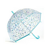 Transparent children's umbrella with blue handle and floral pattern on a white background